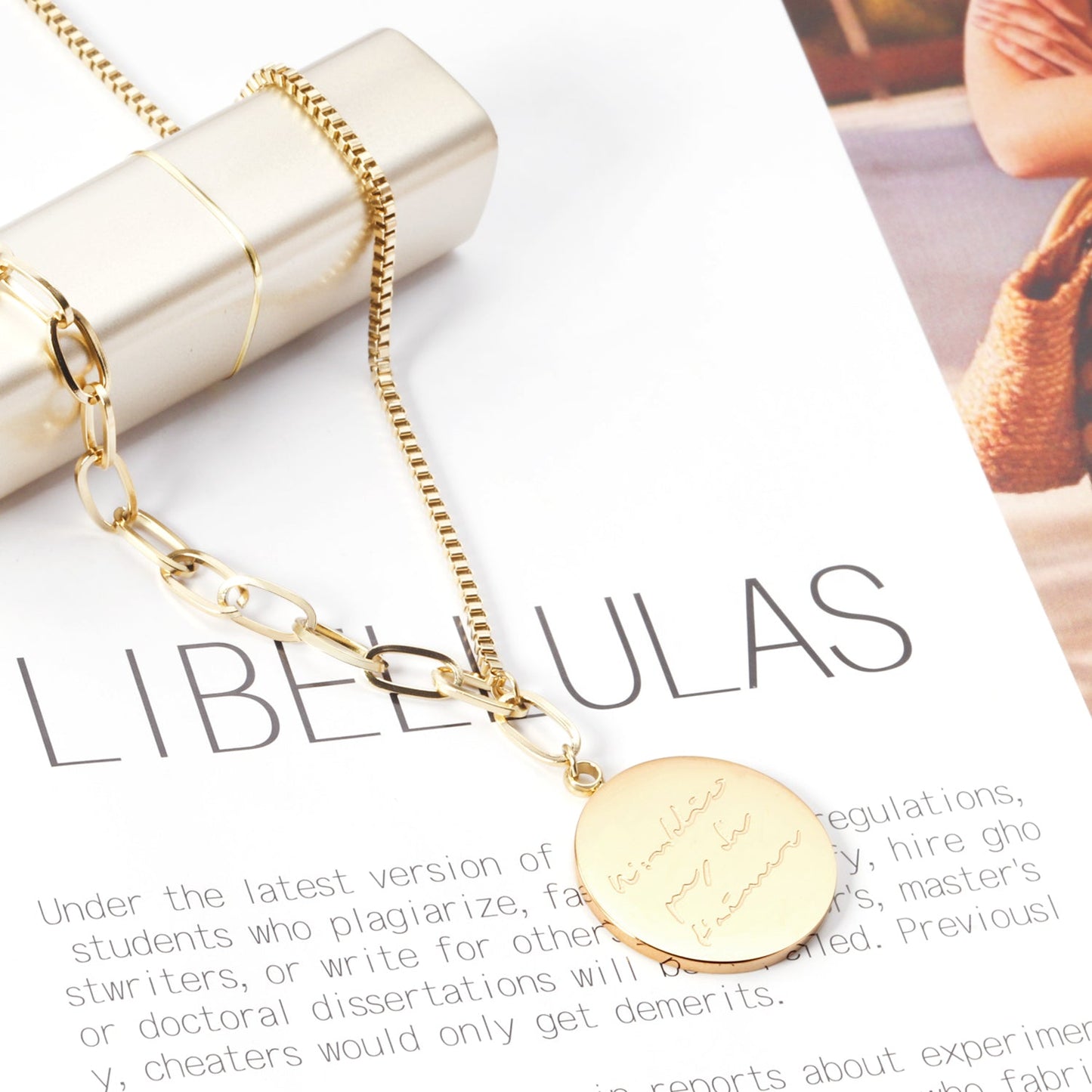 14K Rose Gold & Gold Color Round Medallion Engraved Letter Pendant Necklace 45+5cm