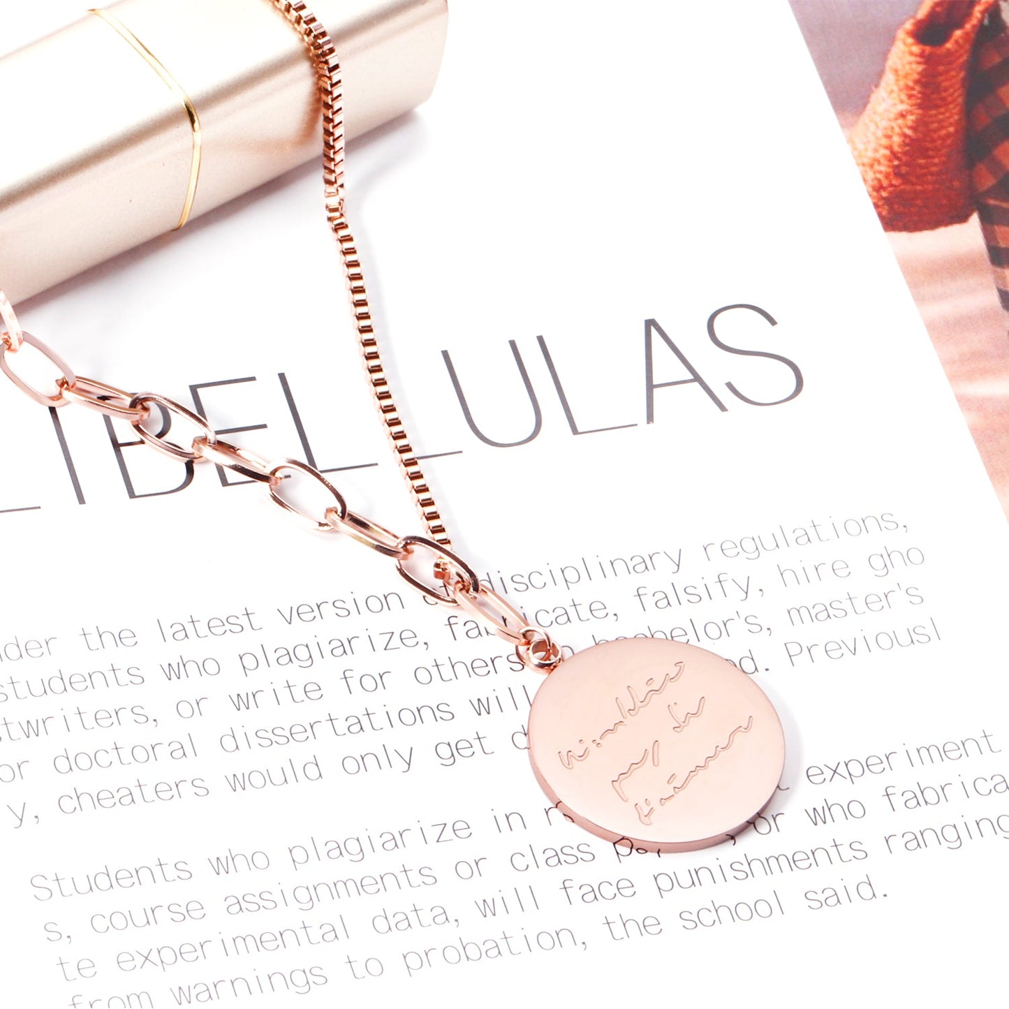 14K Rose Gold & Gold Color Round Medallion Engraved Letter Pendant Necklace 45+5cm