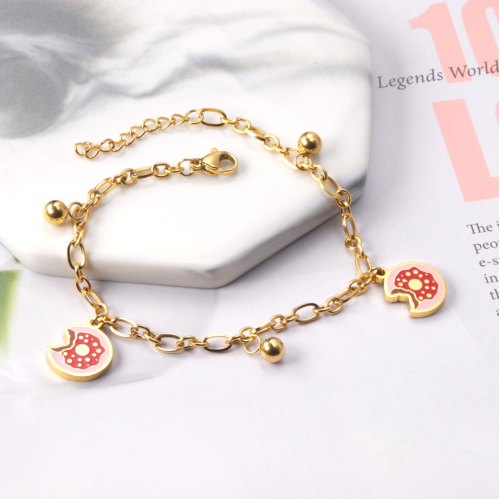 Mixed color donut accessory with steel bead bracelet 18+3cm gold color