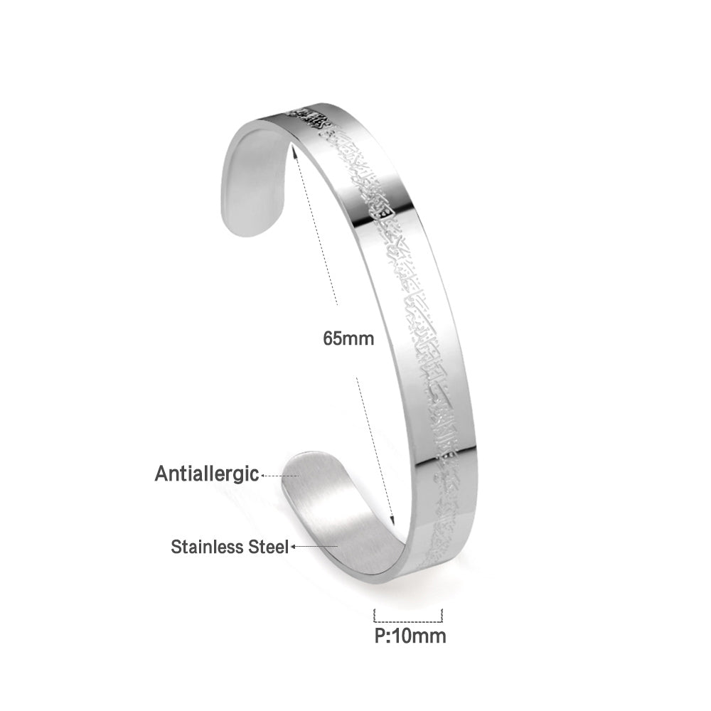 Extra wide hard open bangle in steel color with engraved surface