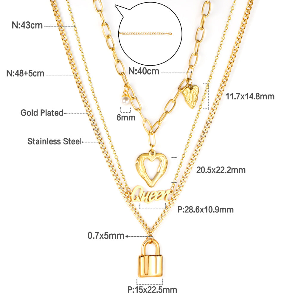 Lock + heart + pearl pendant three chains 48+43+40+5cm gold color