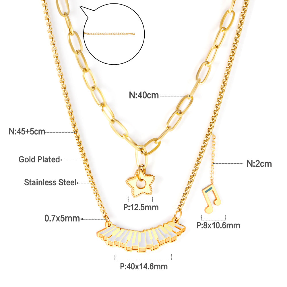 Piano+Note+Star+Pendant+with+mixed+diamonds+double+chain 45+40+5cm Gold