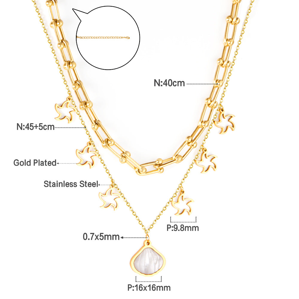 Shell + star pendant triple chain 45+40+5cm gold color