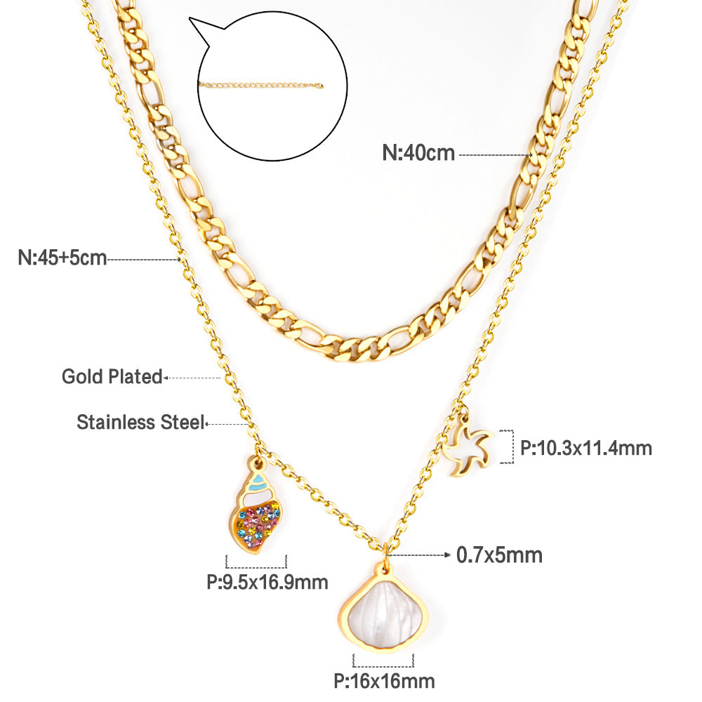 Shell + Conch + Star Pendant + Matching Chain Double Chain 45+40+5cm Golden