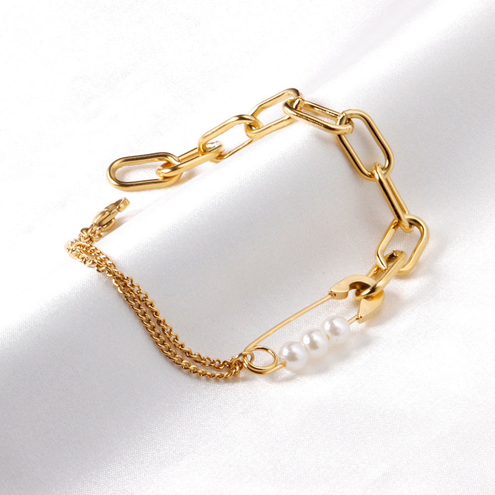 Button Pin & Pearl Accessory Bracelet 19cm Gold