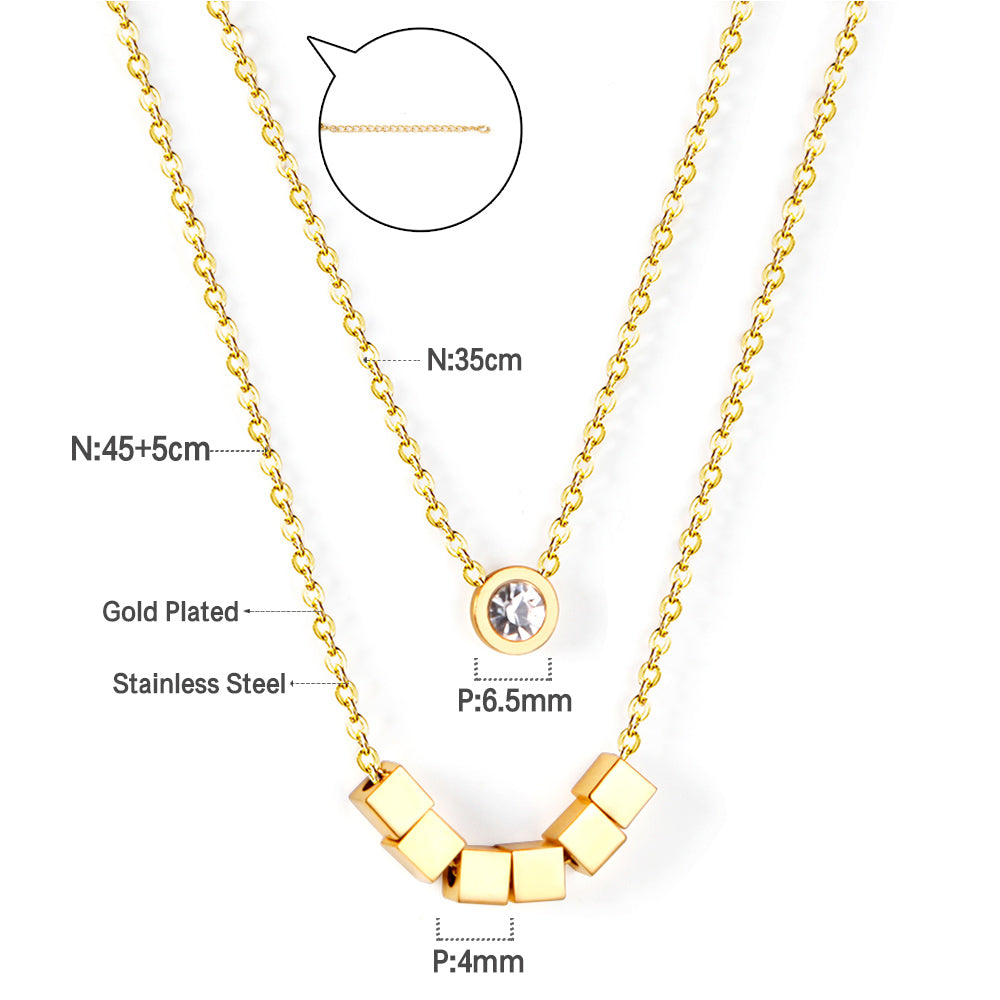 6 squares + round double chain with diamonds 45+35+5cm gold color