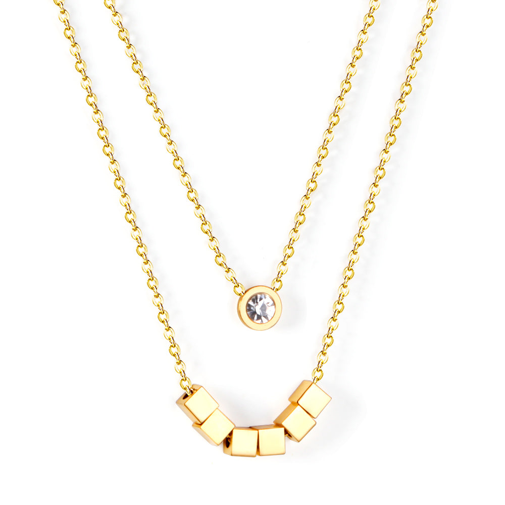 6 squares + round double chain with diamonds 45+35+5cm gold color