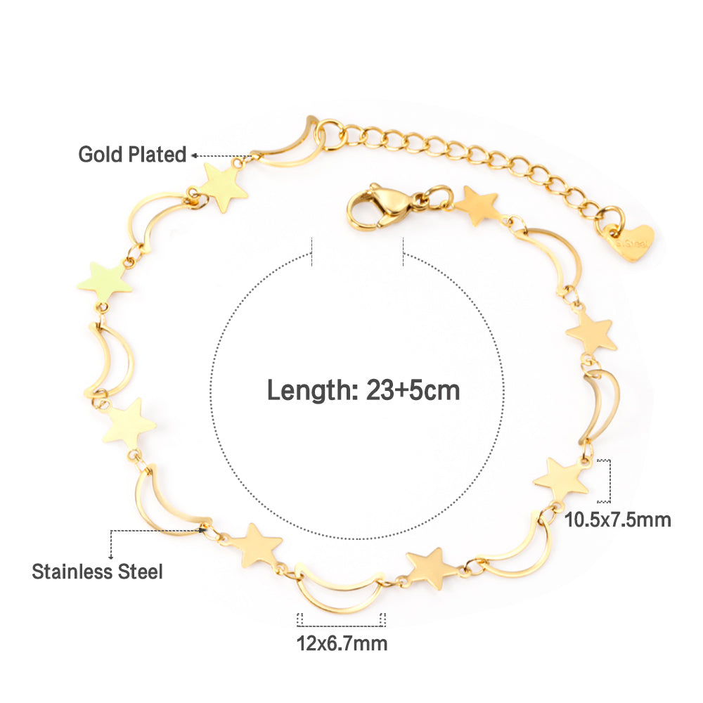 8 Moon + 8 Star Anklets 23+5cm Gold