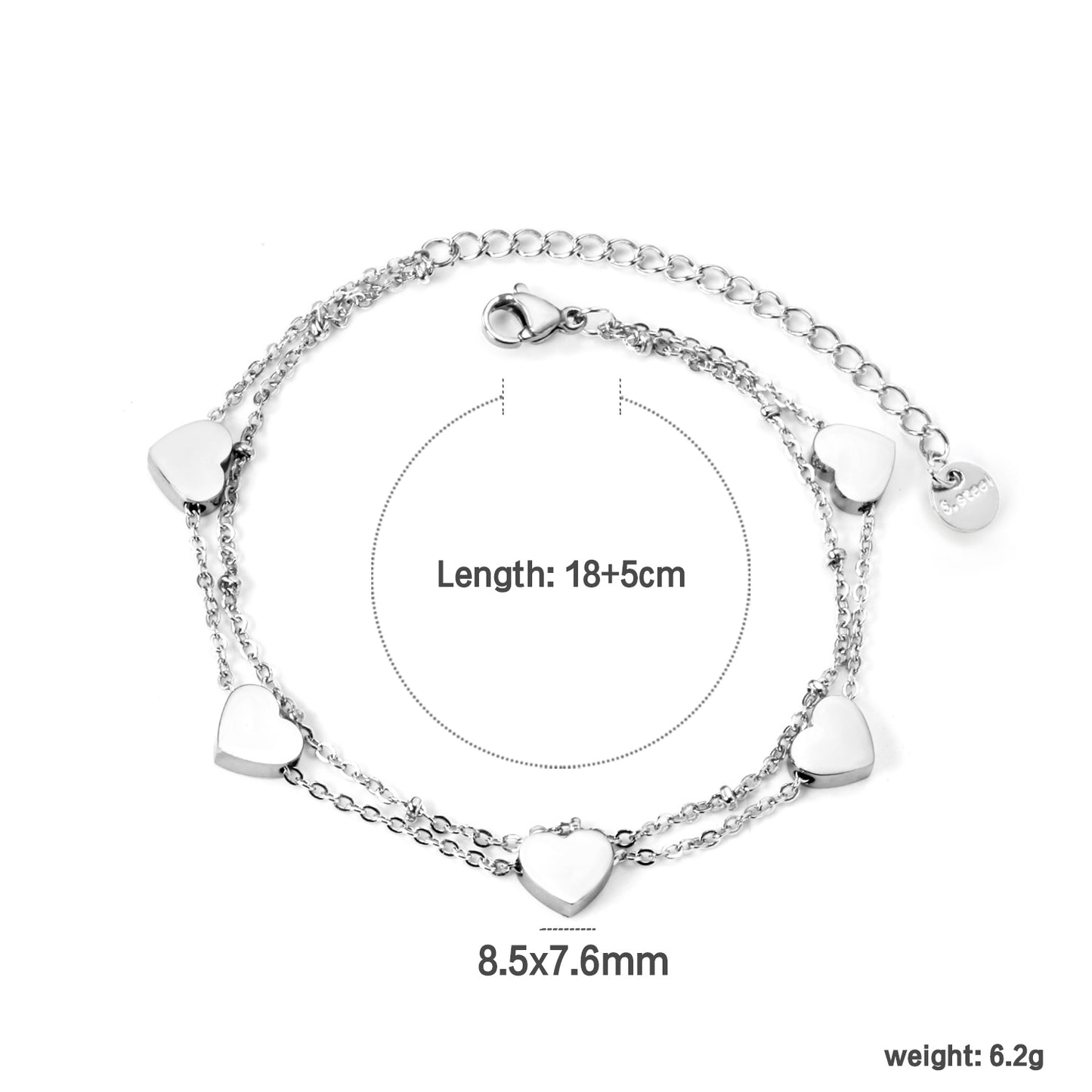 18+5cm Sweet Double Layer Heart Beads Bracelets for Women Wedding's Day Gift