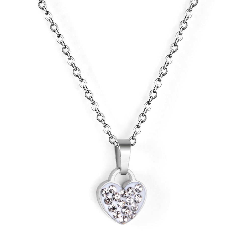 Heart pendant necklace with white diamonds 35+5cm steel color