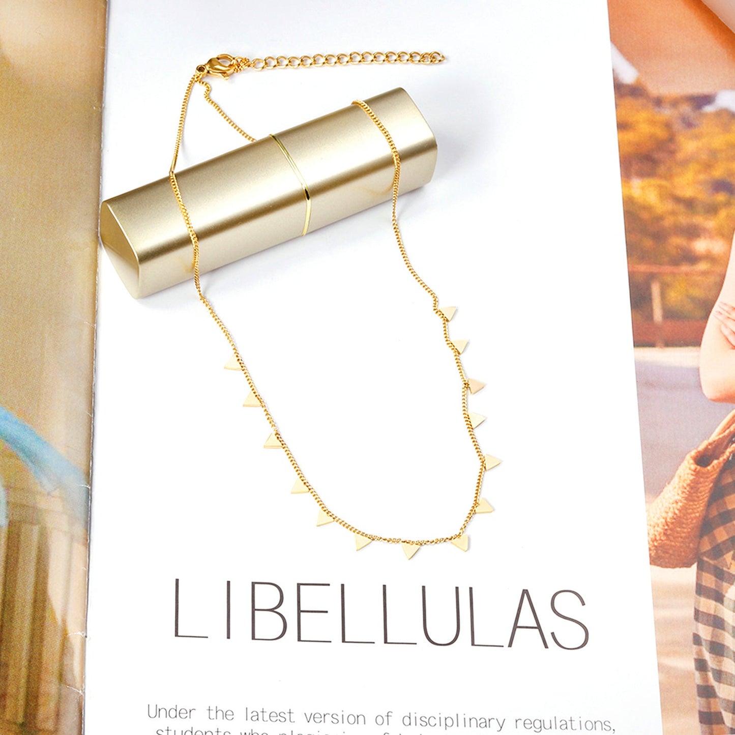 0.3 Side Chain 40+5cm Necklace with 14 Welded 4mm Triangles Gold & Steel Glossy