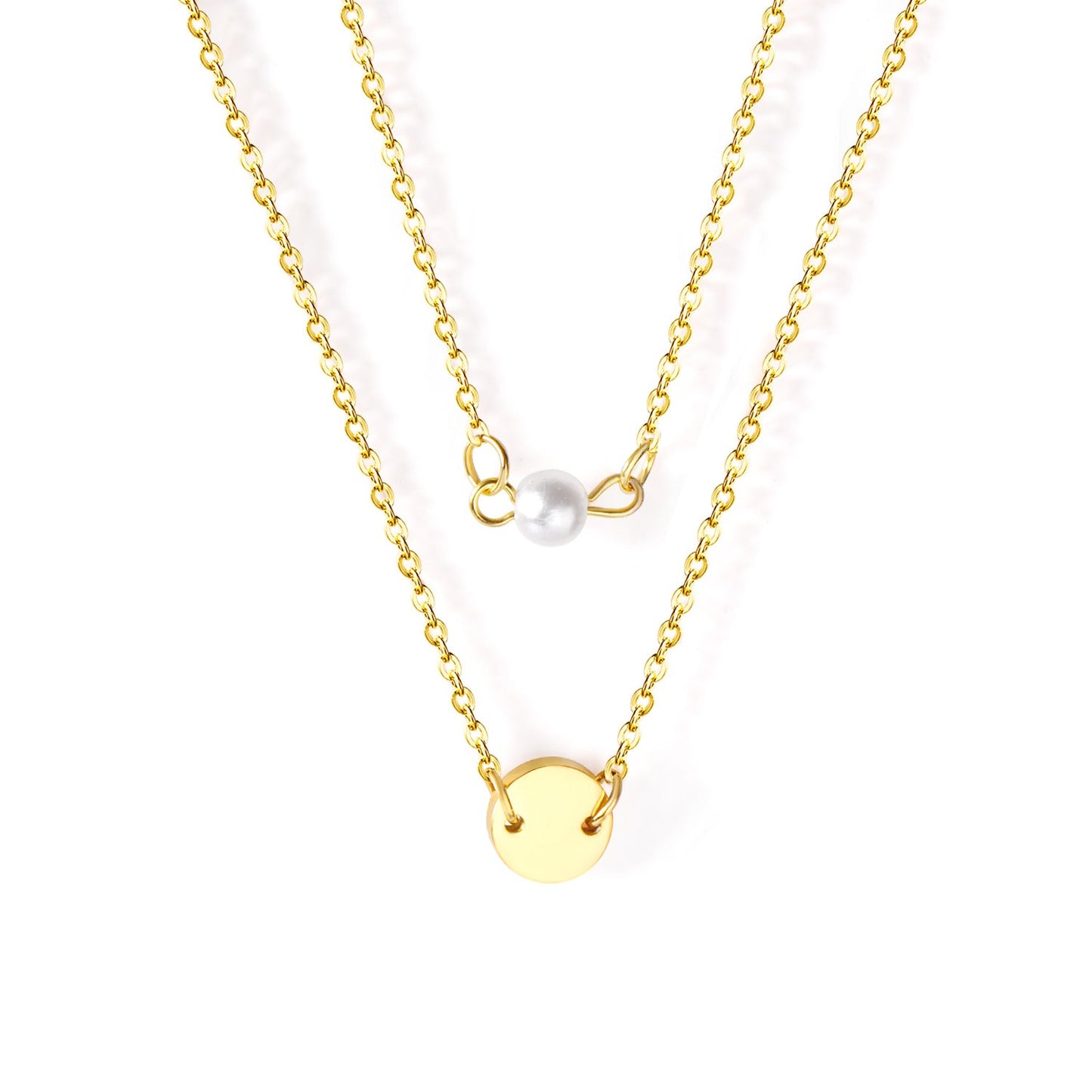 Double Necklace Round 10mm+6mm White Plastic Round Pearls Gold Color