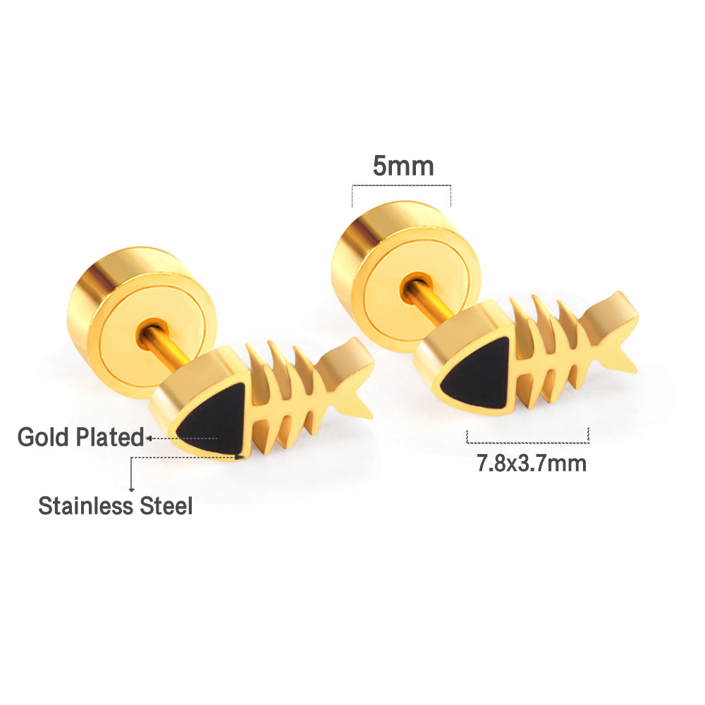 12 pairs Snapped Earplug Fishbone Stud Earrings Steel/Gold