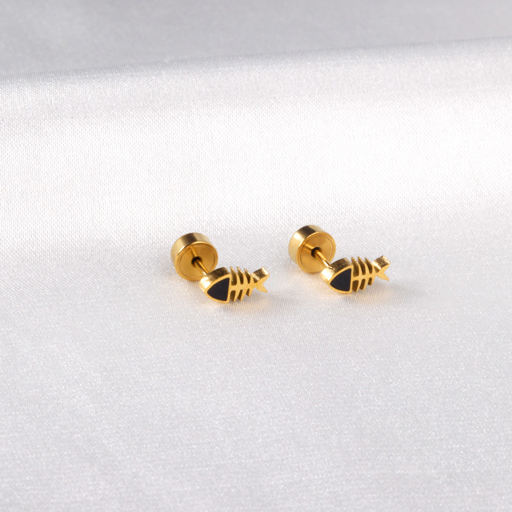 12 pairs Snapped Earplug Fishbone Stud Earrings Steel/Gold