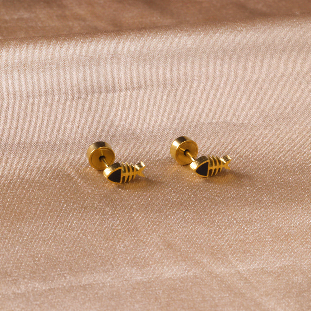 12 pairs Snapped Earplug Fishbone Stud Earrings Steel/Gold