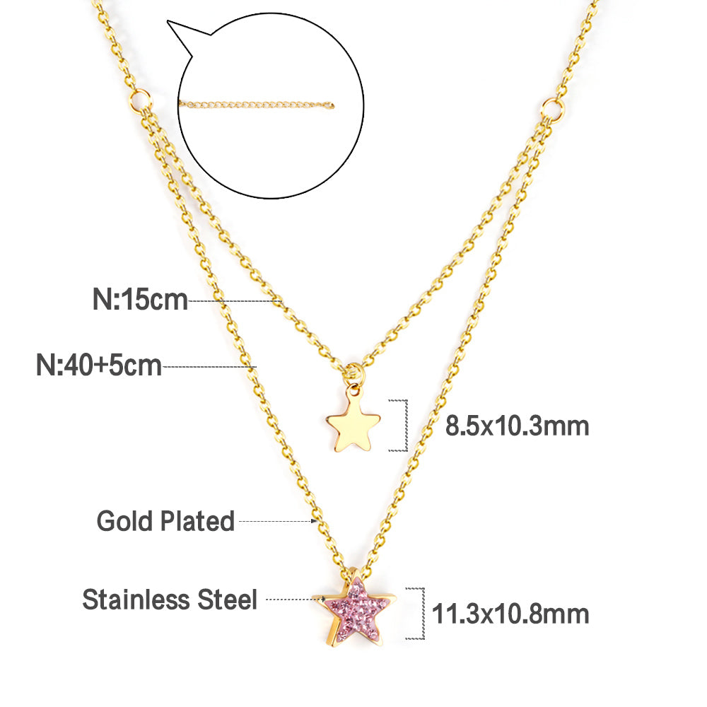 1 glossy star + 1 pink diamond star pendant + double chain 40+15+5cm