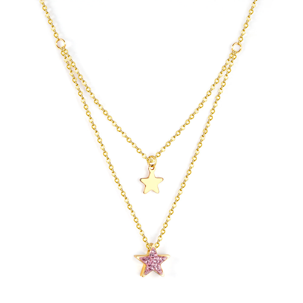 1 glossy star + 1 pink diamond star pendant + double chain 40+15+5cm