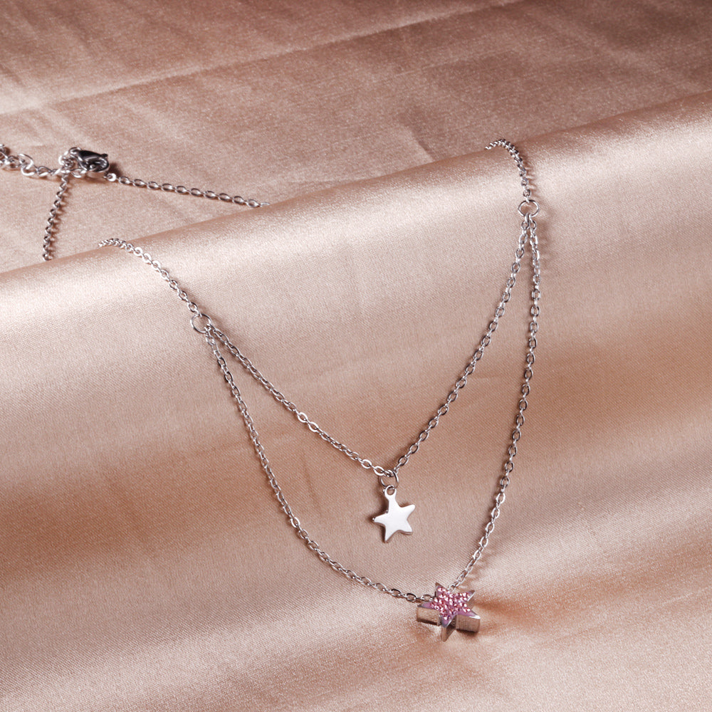 1 glossy star + 1 pink diamond star pendant + double chain 40+15+5cm