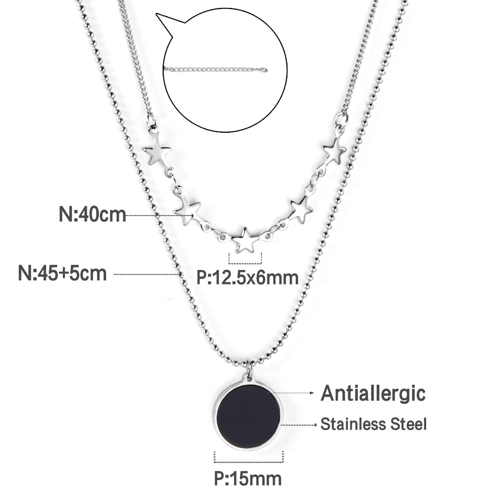 5 stars + round black oil drop pendant + double chain 45+40+5cm