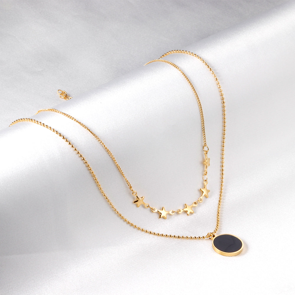 5 stars + round black oil drop pendant + double chain 45+40+5cm