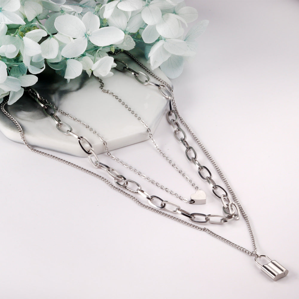 1 heart + 1 lock accessory pendant triple chain 50+43+40+5cm steel color