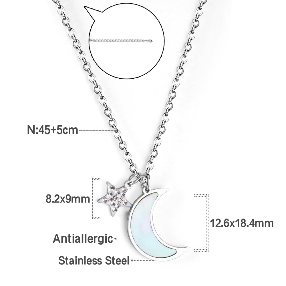 Star with Diamonds + Moon with White Shell Pendant Necklace 45+5cm Steel Color
