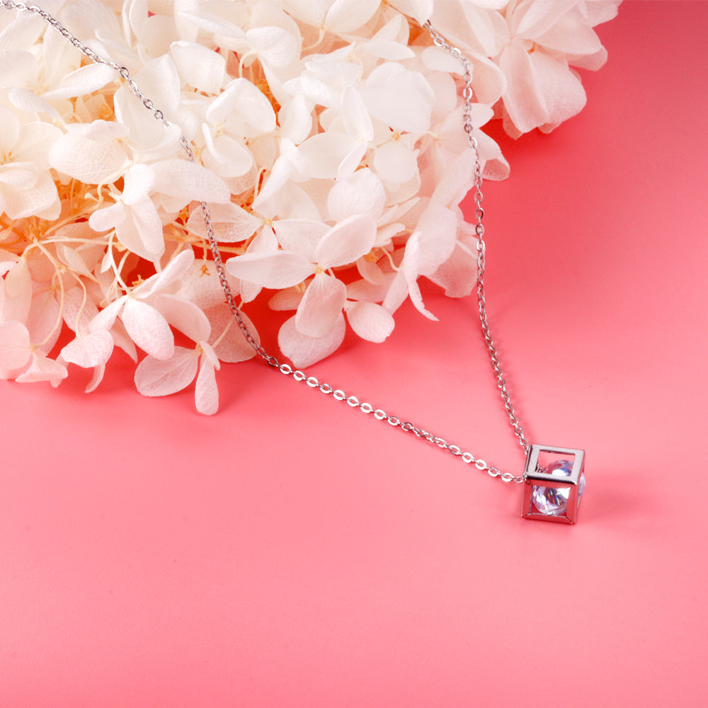 Square Pendant Necklace with Diamonds 40+5cm Steel Color