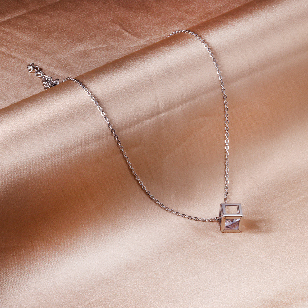 Square Pendant Necklace with Diamonds 40+5cm Steel Color