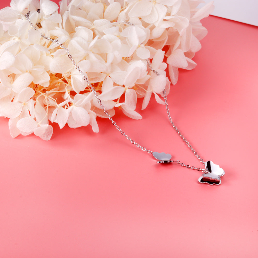 2 Butterfly Pendant Necklace 40+5cm Steel Color