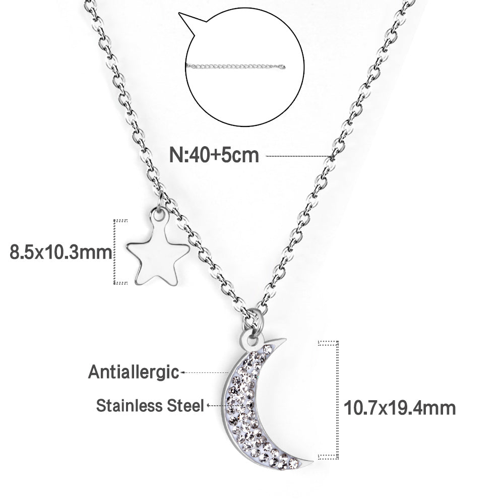 Star + Moon Pendant Necklace with Diamonds 40+5cm Steel Color