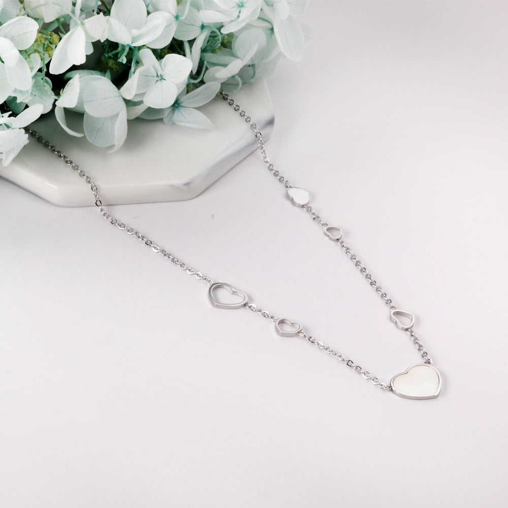 4 small and large hearts + 2 small and large hearts with shell pendant necklace 45+5cm steel color