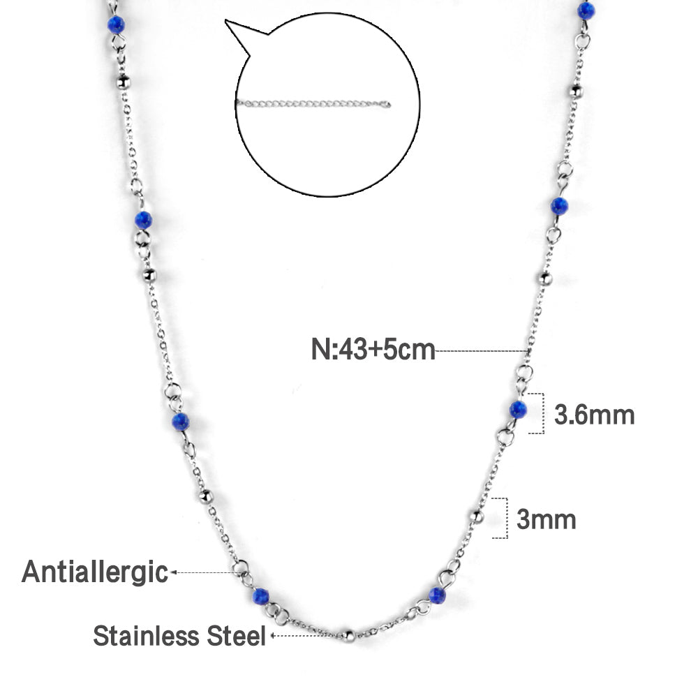 10 Blue Beads + Steel Beads Pendant Necklace 43+5cm Steel Color