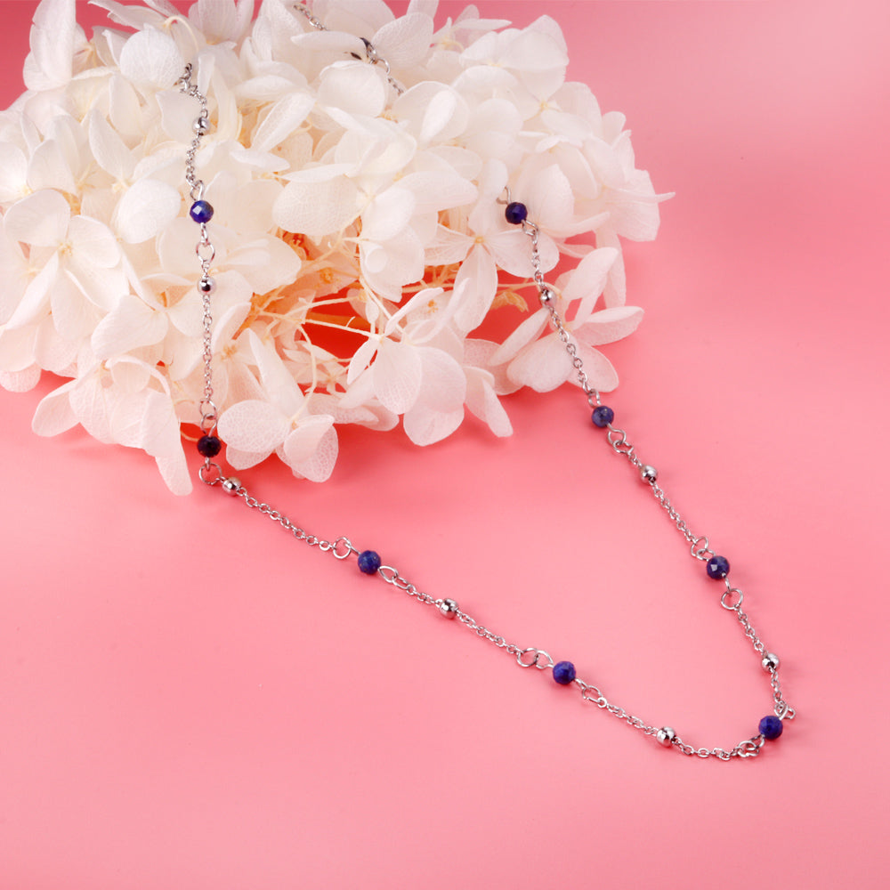 10 Blue Beads + Steel Beads Pendant Necklace 43+5cm Steel Color