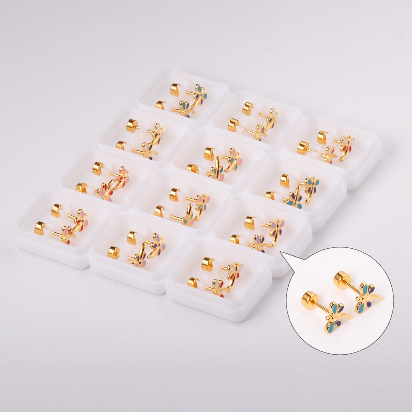12 pairs 4mm round cake +8mm dragonfly mixed 6 colors earrings steel/golden