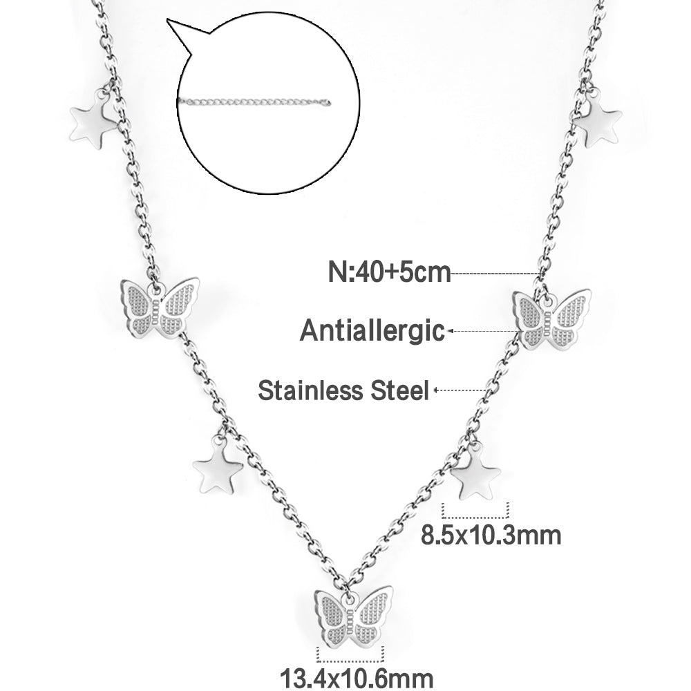 4 stars + 3 butterfly accessories pendant necklace 40+5cm steel color