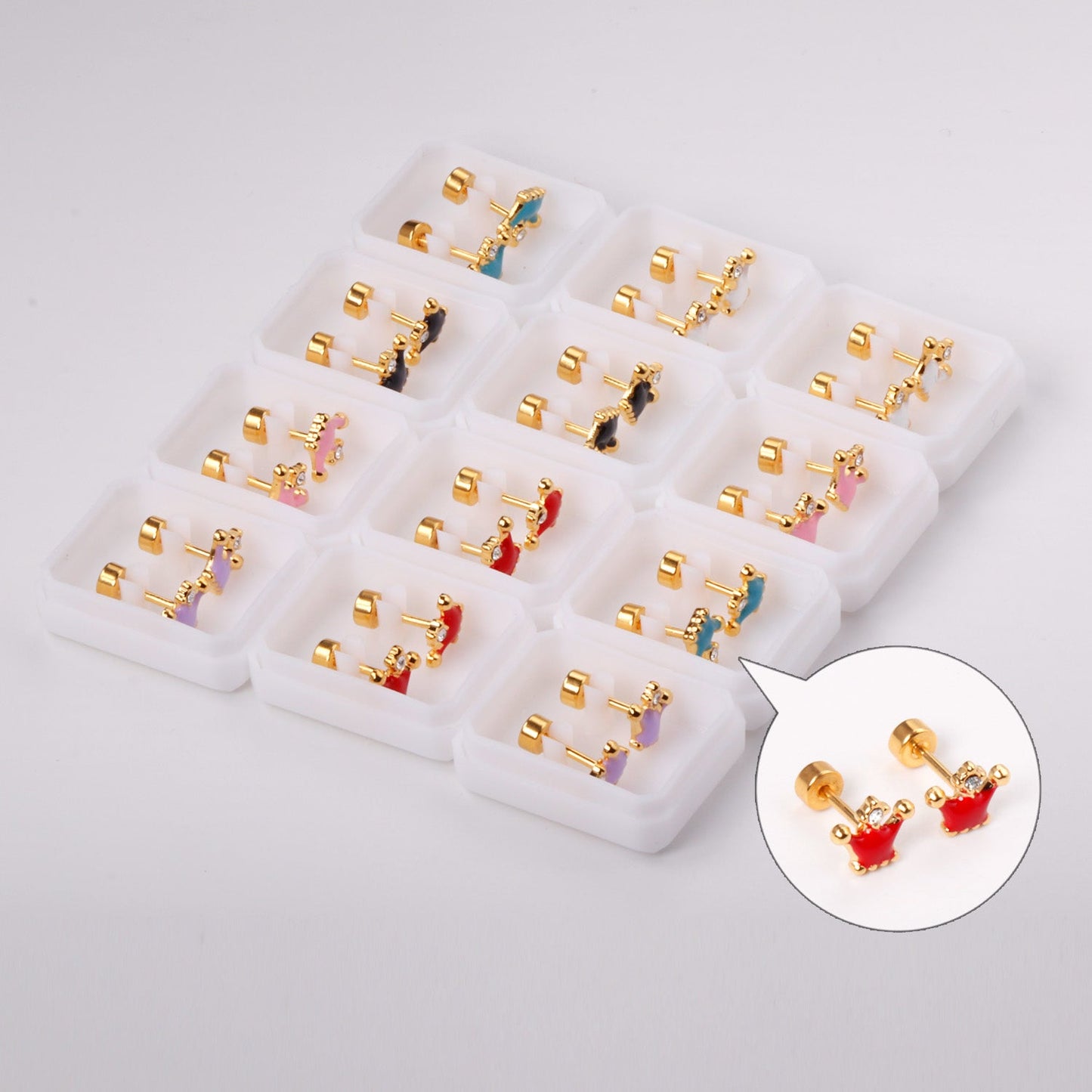 12 pairs 4mm round cake +8*7mm crown mix 6 colors studs steel/golden