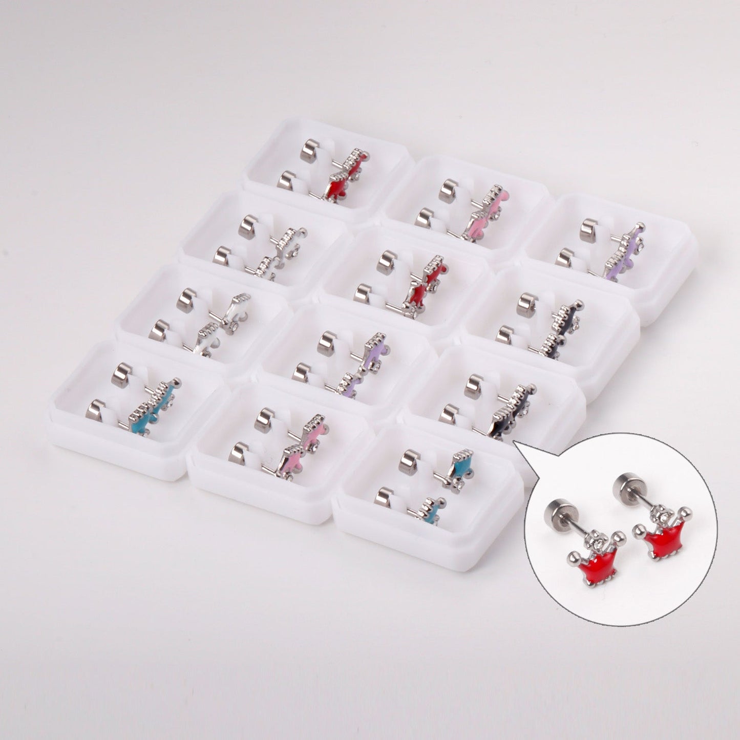 12 pairs 4mm round cake +8*7mm crown mix 6 colors studs steel/golden