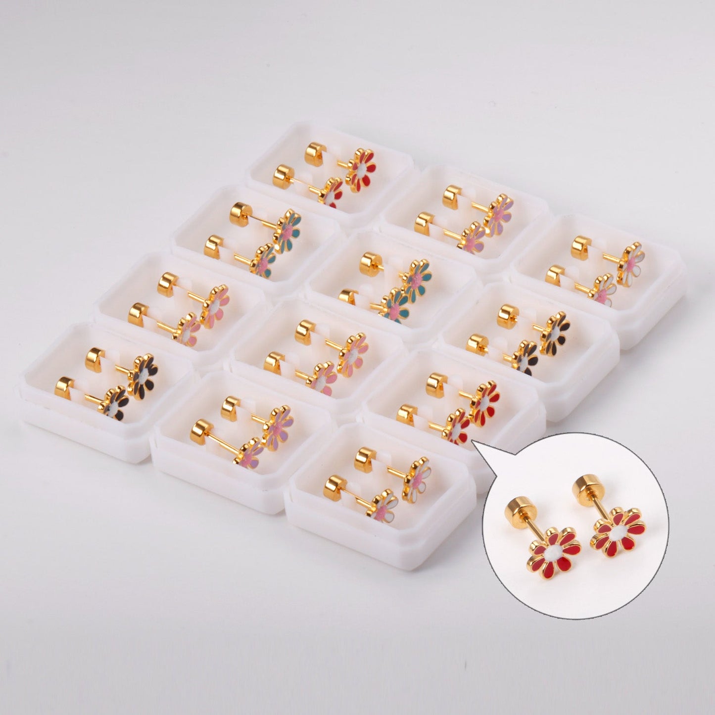 12 pairs of 4mm round cake + 8mm chrysanthemum mix 6 colors set of earrings steel / gold