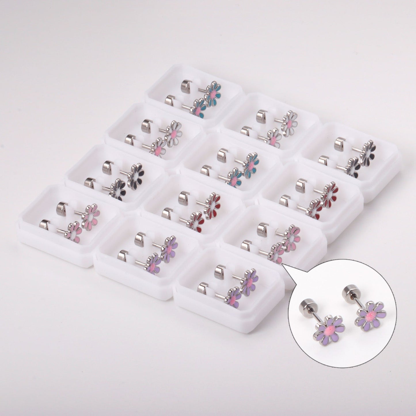 12 pairs of 4mm round cake + 8mm chrysanthemum mix 6 colors set of earrings steel / gold