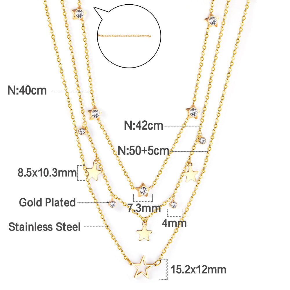 5 stars with diamonds + 3 stars + 4 diamonds + big star accessory pendant triple chain 50+42+40+5cm gold color