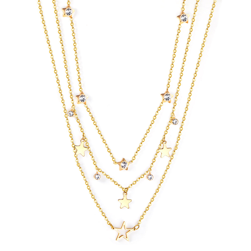 5 stars with diamonds + 3 stars + 4 diamonds + big star accessory pendant triple chain 50+42+40+5cm gold color