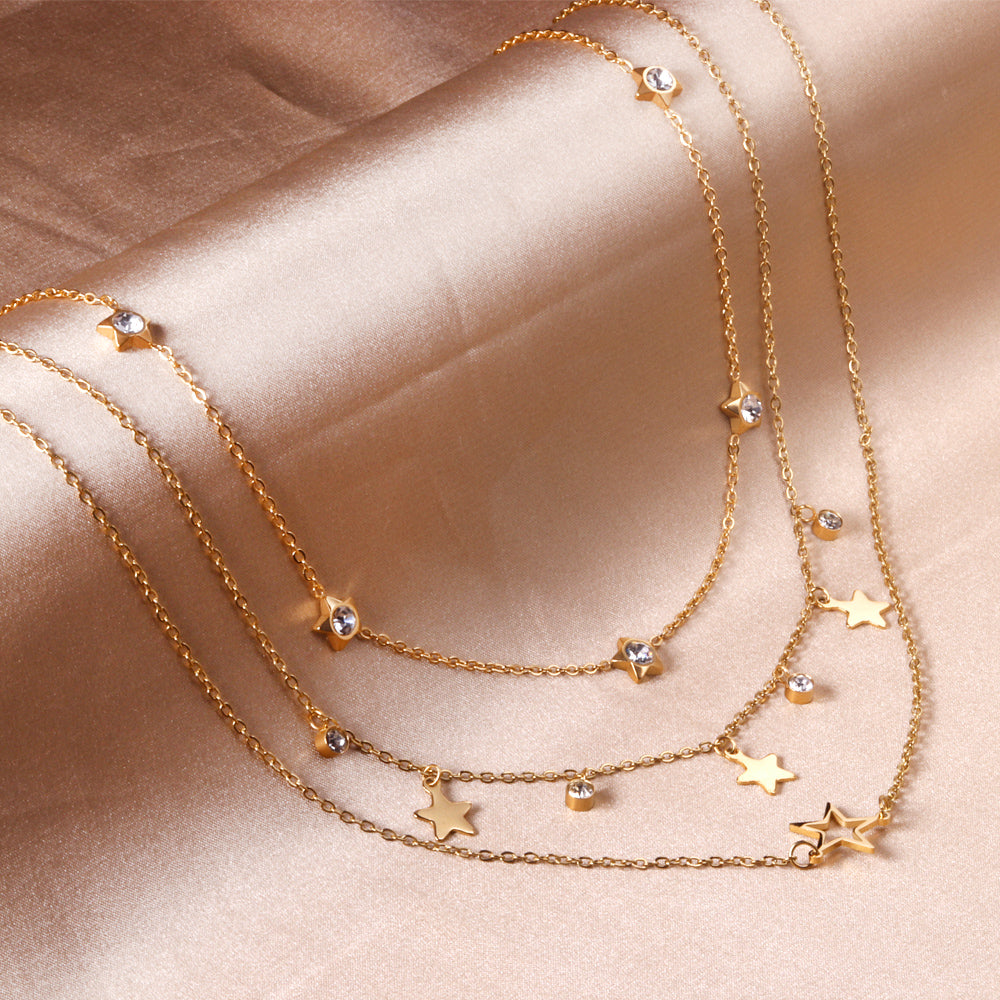 5 stars with diamonds + 3 stars + 4 diamonds + big star accessory pendant triple chain 50+42+40+5cm gold color