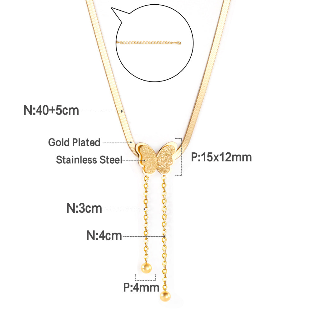 Butterfly accessory with 2 steel beads pendant necklace 40+5cm gold color