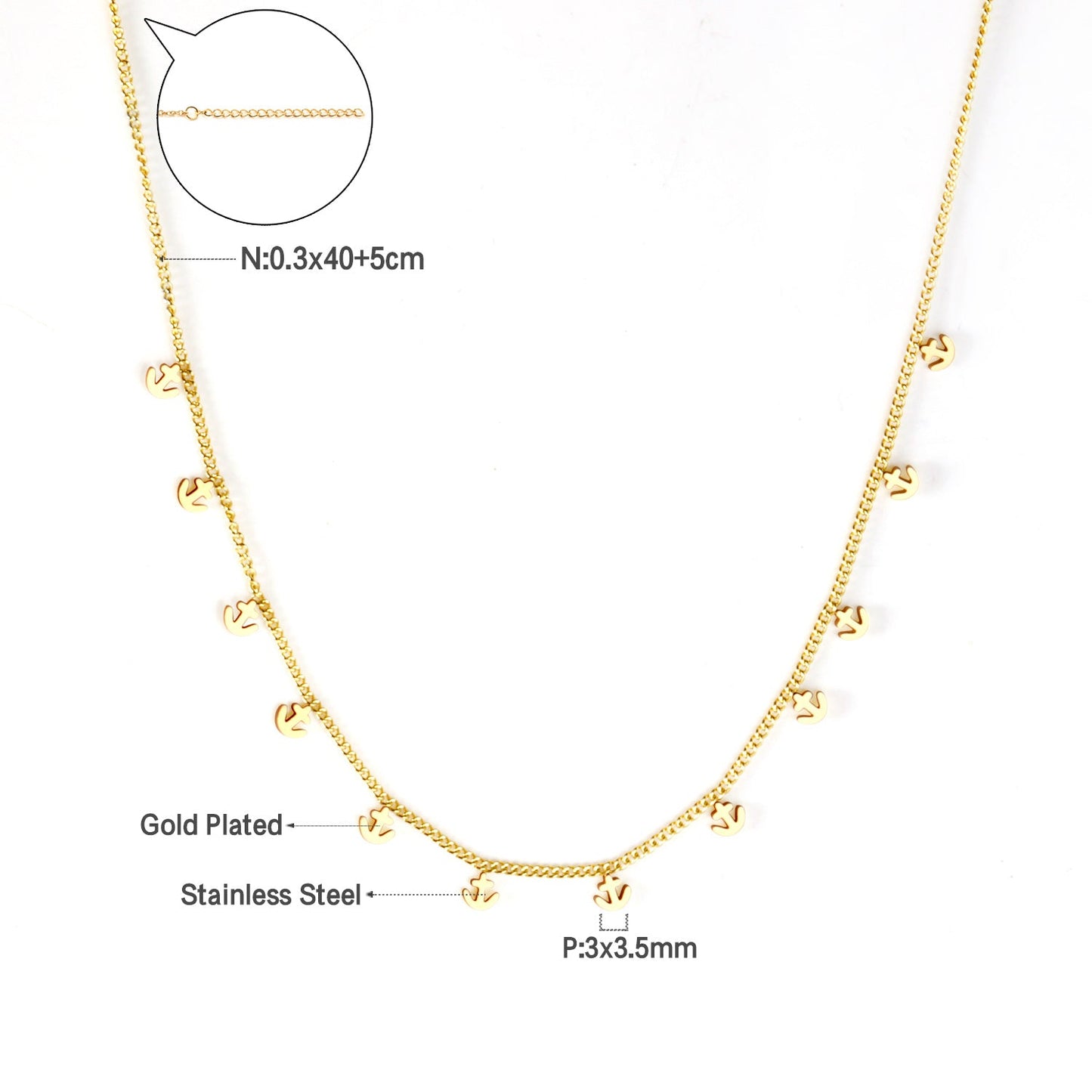 0.3 Side chain 40+5cm soldered 12pcs 3*3.5mm anchor necklace in glossy color