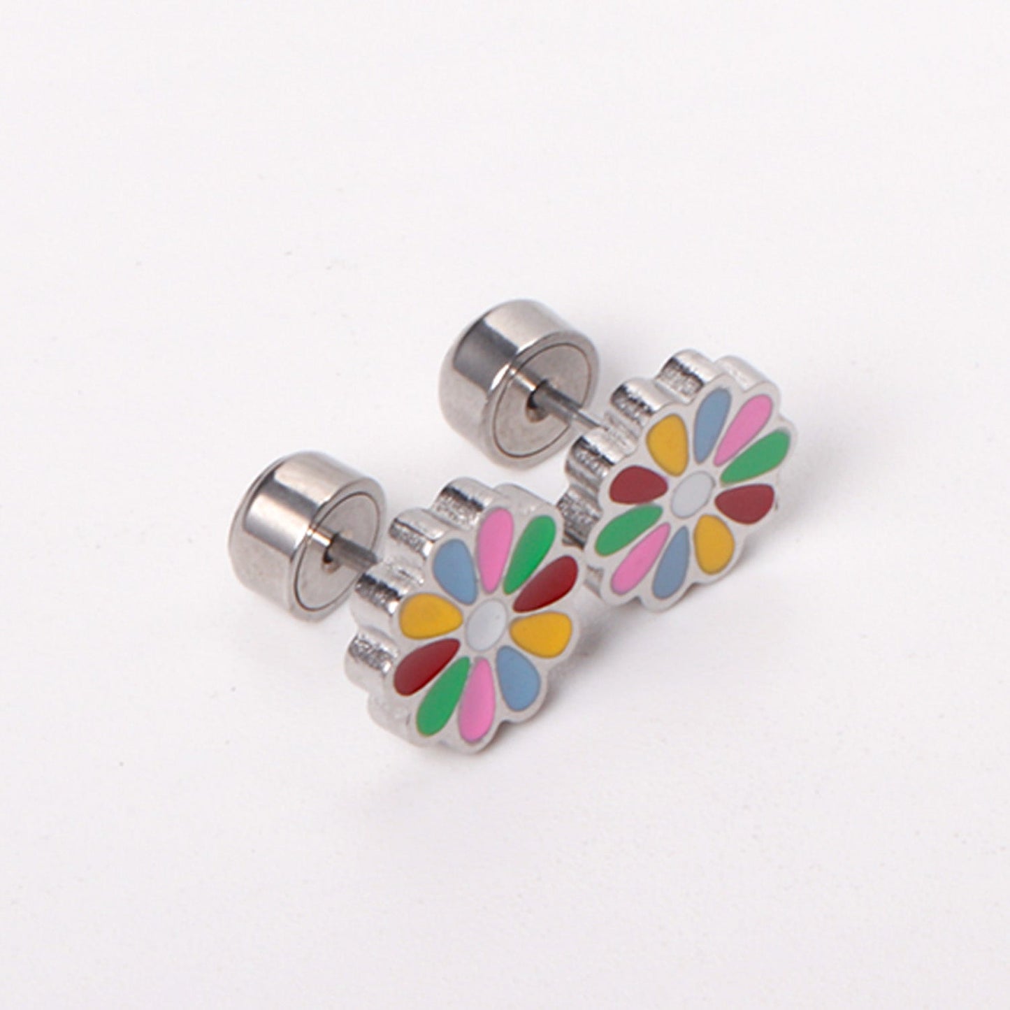 12 pairs 9mm Steel/Golden Flower Colorful/Dark Red Pat Plug Earrings