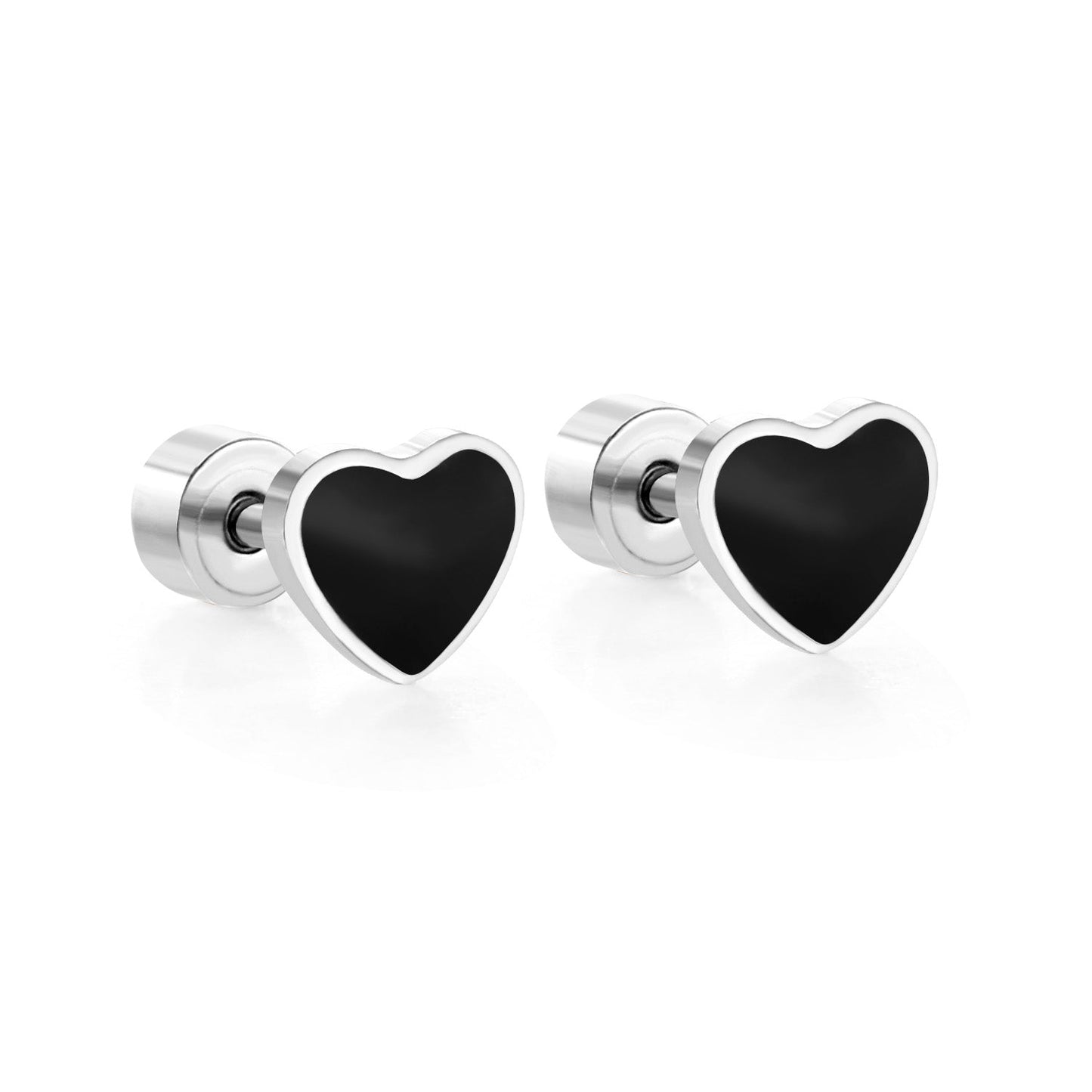 12 pairs 4mm round cake + 6mm drop black oil peach heart stud earrings steel color/gold color