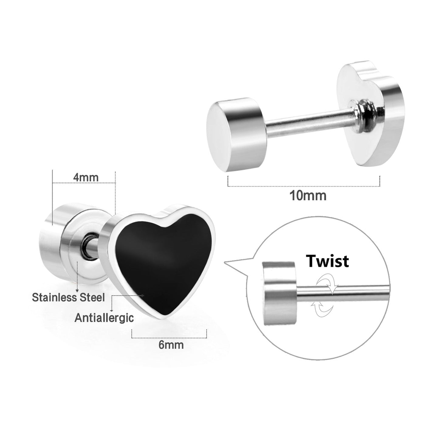 12 pairs 4mm round cake + 6mm drop black oil peach heart stud earrings steel color/gold color