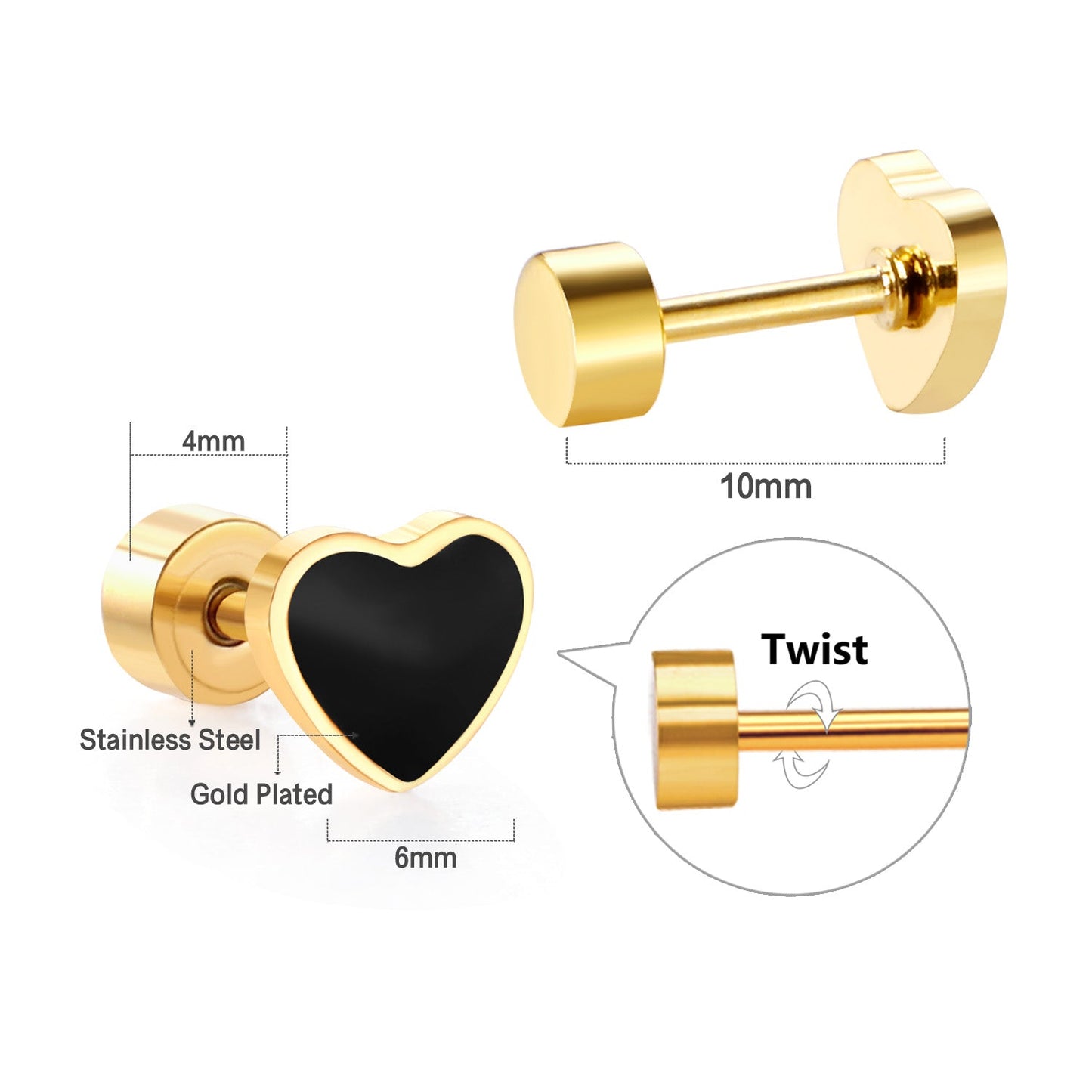 12 pairs 4mm round cake + 6mm drop black oil peach heart stud earrings steel color/gold color