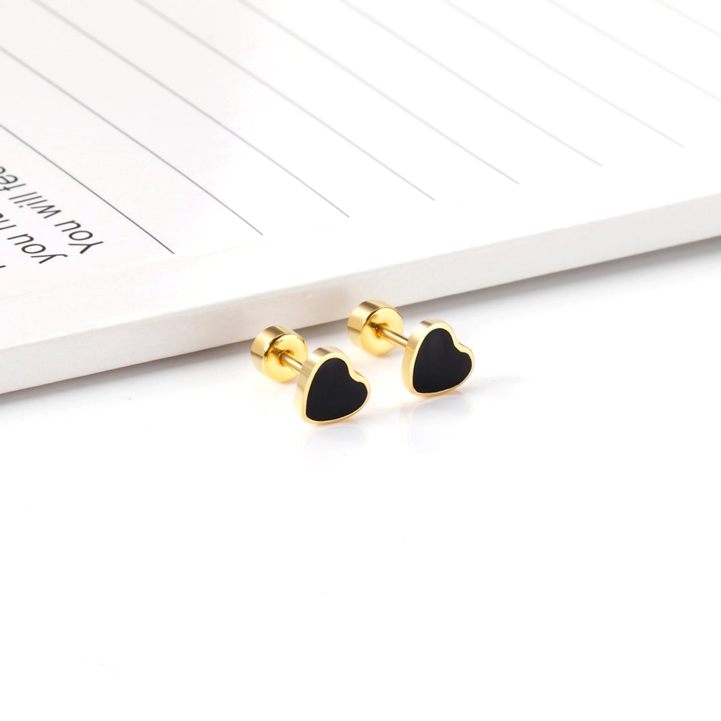 12 pairs 4mm round cake + 6mm drop black oil peach heart stud earrings steel color/gold color