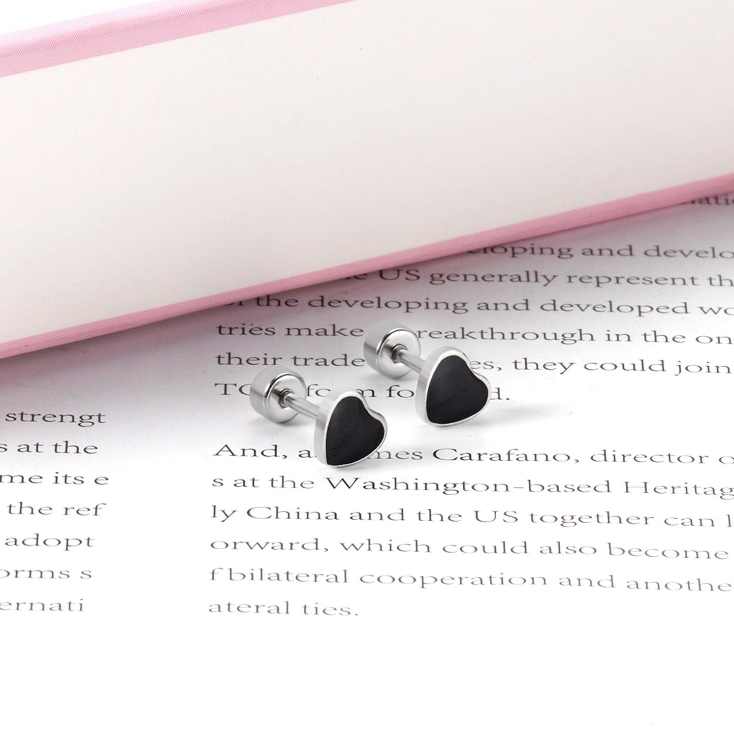 12 pairs 4mm round cake + 6mm drop black oil peach heart stud earrings steel color/gold color